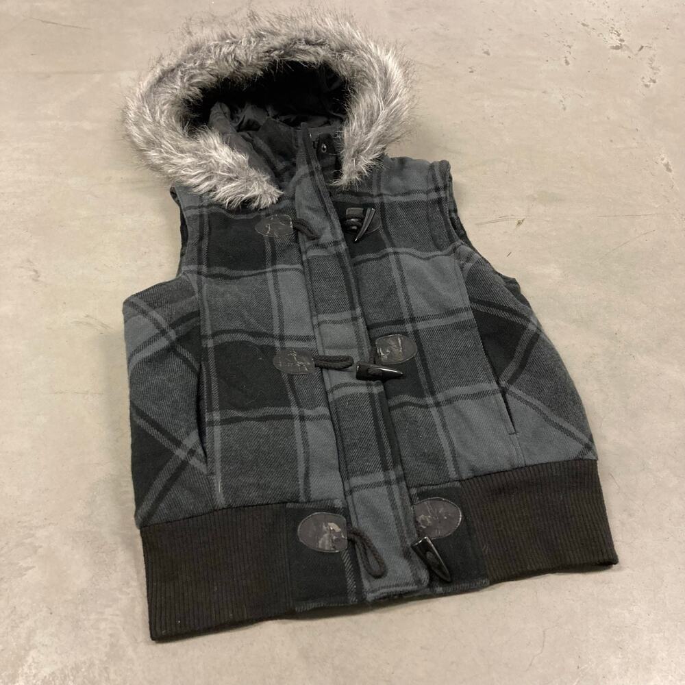 Y2K fur hood OP flannel vest jacket